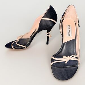 Steve Madden Women's Open Toe Black Satin Tan Bow Pumps Size 7.5 Bellagio